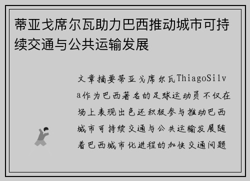 蒂亚戈席尔瓦助力巴西推动城市可持续交通与公共运输发展